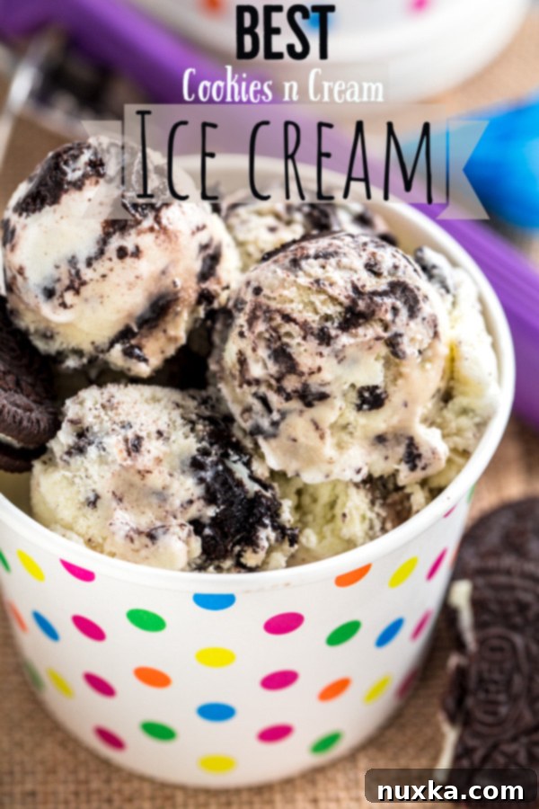 Close-up of a serving of homemade cookies and cream ice cream, showing the rich, dense texture and visible cookie pieces.