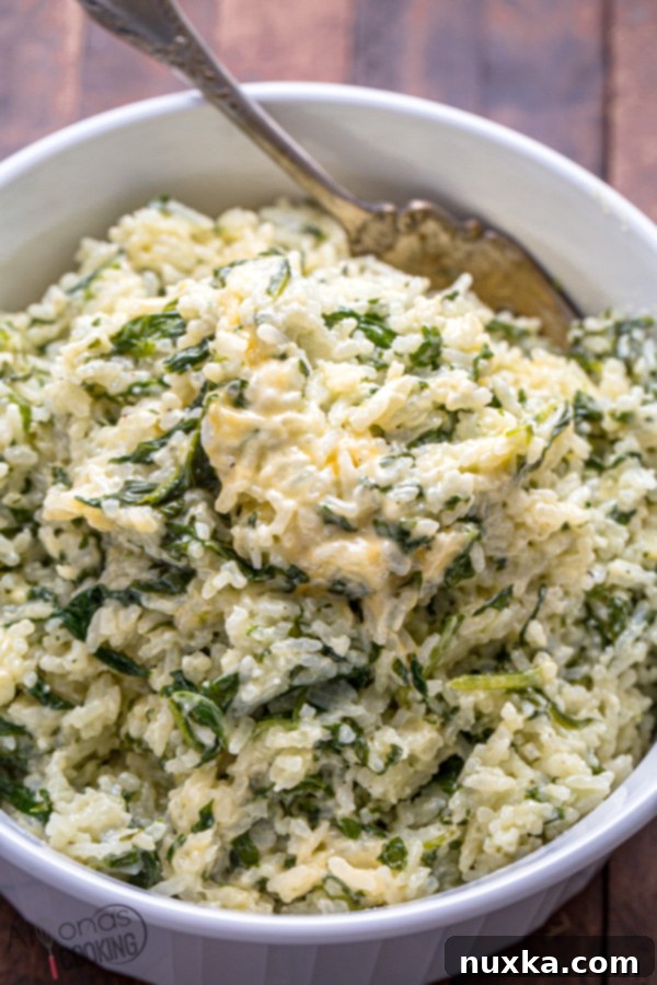 Close-up of creamy spinach rice in a pot