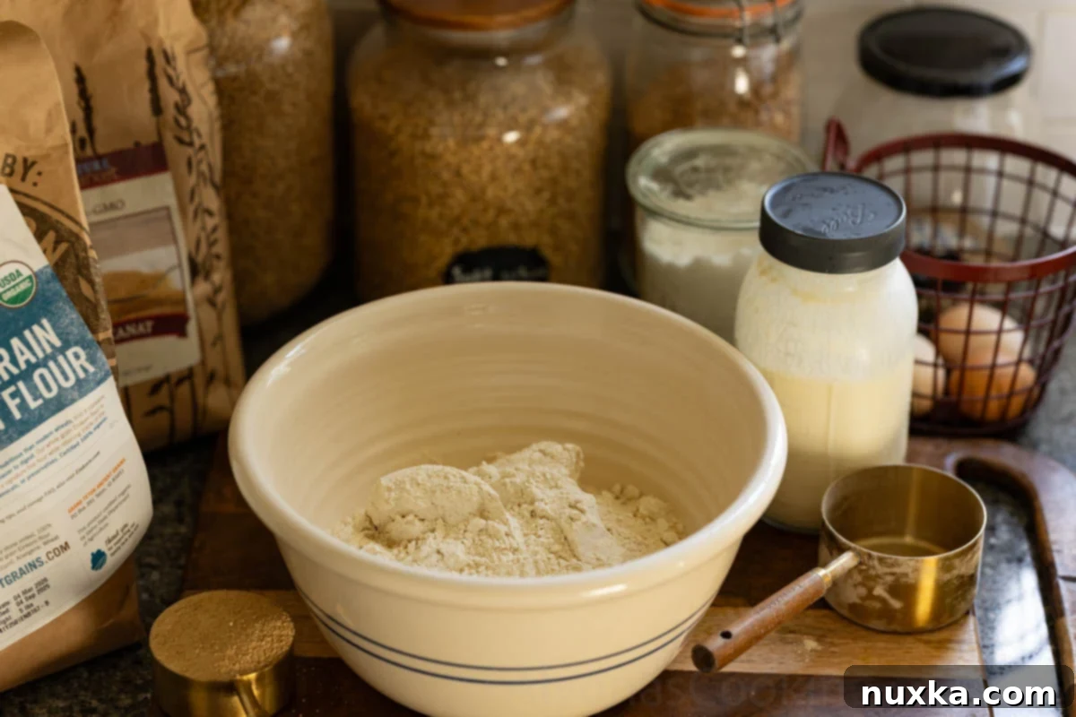 ingredients for einkorn pancakes (whole grain einkorn flour, palm fruit shortening, buttermilk, eggs, baking soda, and salt). 