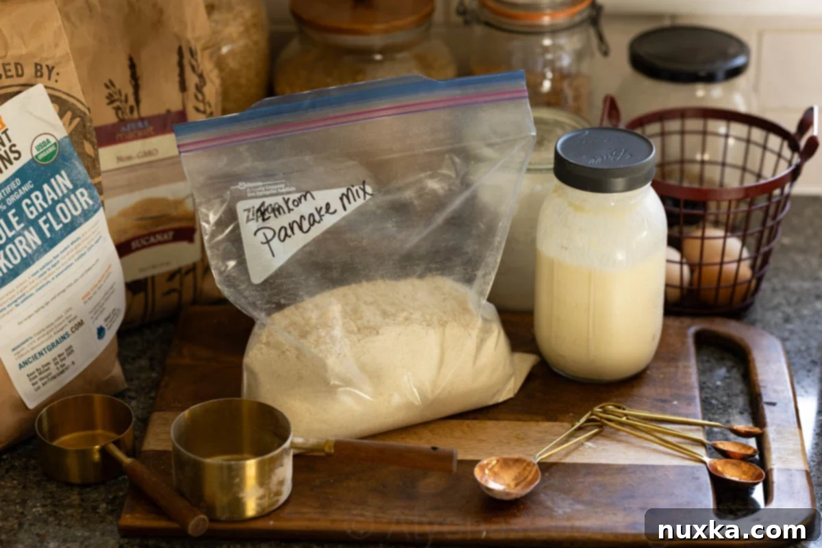 image of a homemade einkorn pancake mix on a rustic cutting board with vintage baking tools and farm fresh eggs in the back ground