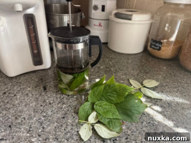 A close-up image of a glass of homemade raspberry leaf tea.