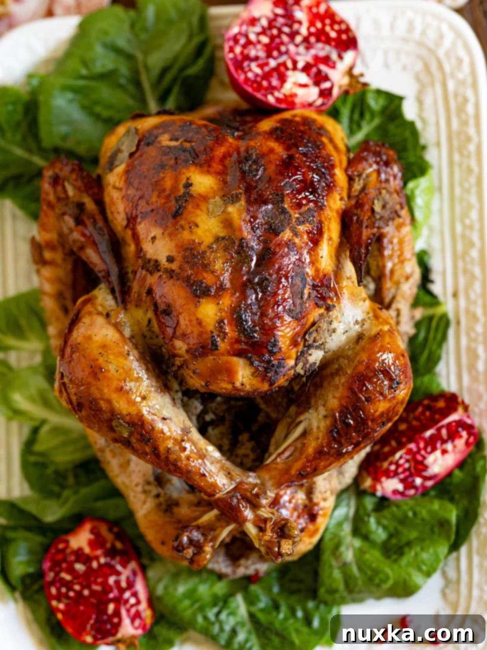 A perfectly roasted Thanksgiving turkey, golden brown and garnished with vibrant pomegranates and fresh green lettuce, ready for serving