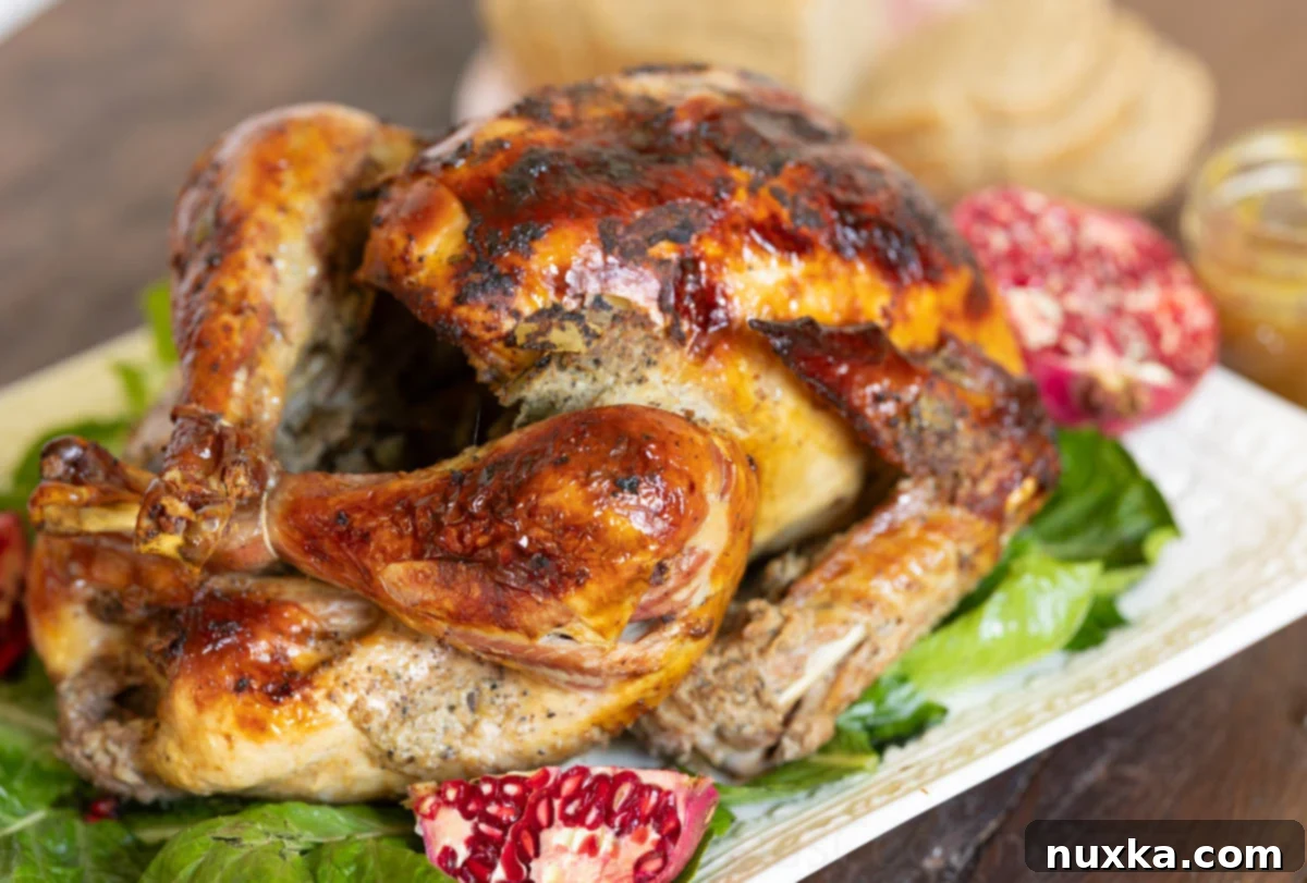A succulent, juicy Thanksgiving turkey beautifully presented on a serving platter, adorned with fresh lettuce and ruby red pomegranates