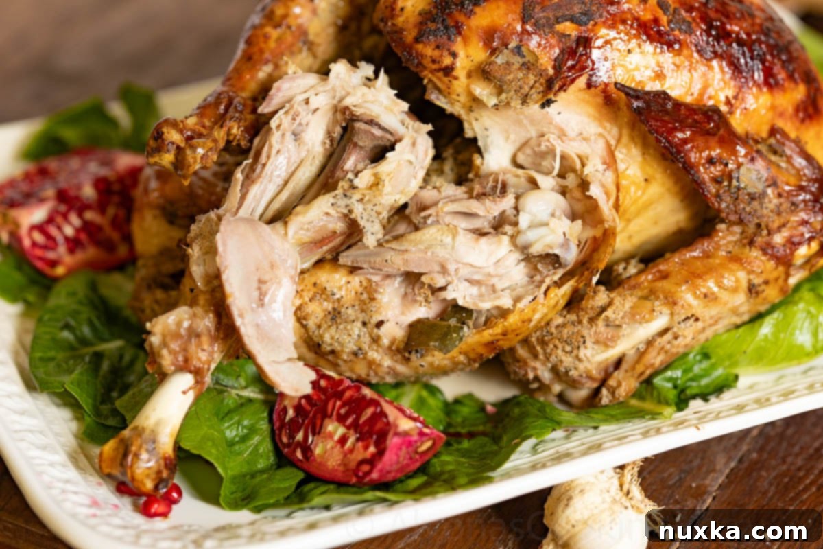 Close-up image of a perfectly roasted Thanksgiving turkey, so tender it's falling off the bone, highlighting its juicy texture