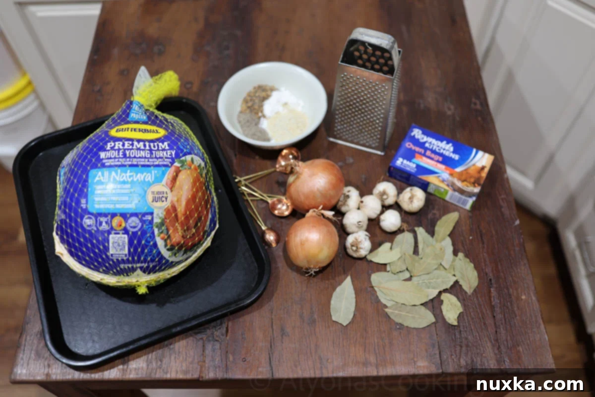 A vibrant flat lay image showcasing all the fresh and dry ingredients required for making a homemade Thanksgiving turkey brine