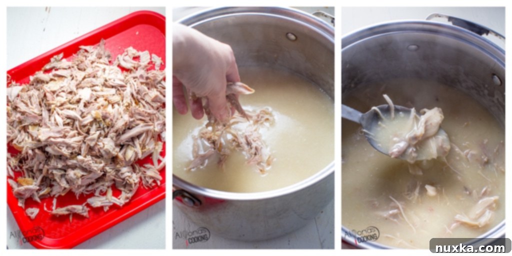 A visual collage showing the step-by-step process of making homemade turkey gravy from pan drippings and shredded leftover turkey meat, perfect for serving a large Thanksgiving crowd.