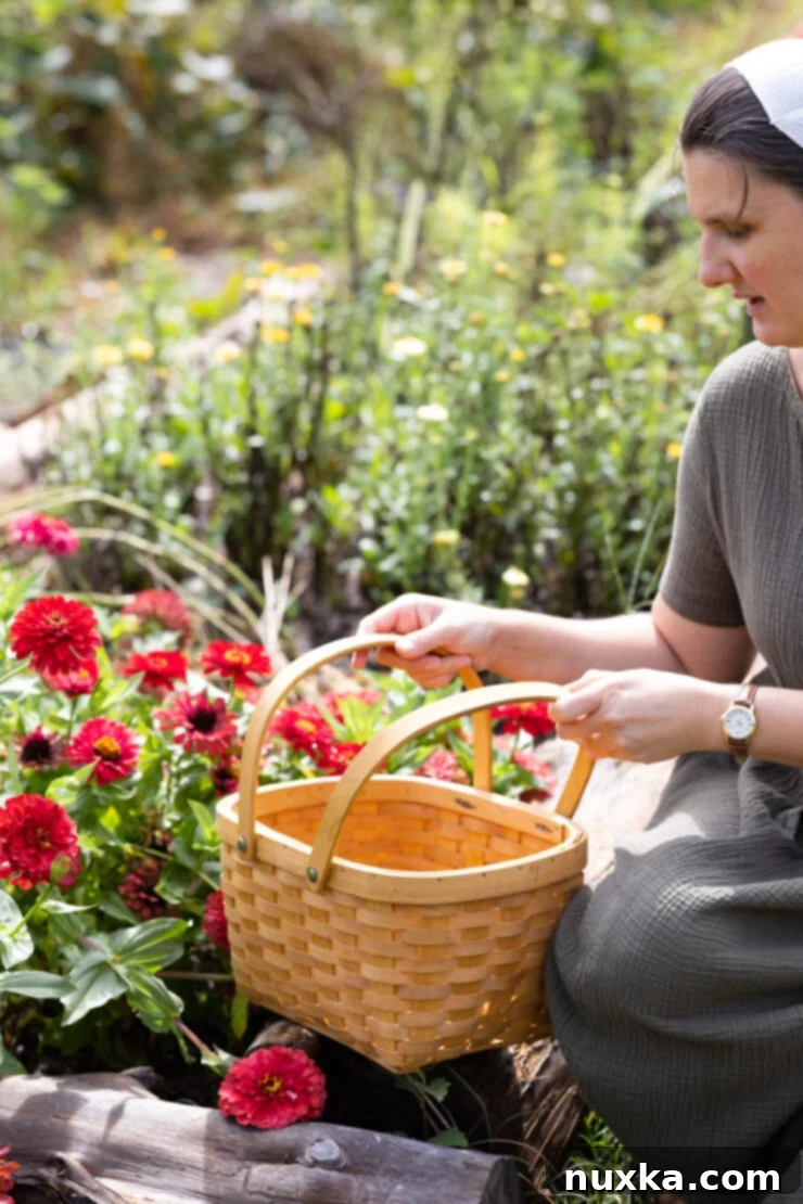 Alyona enjoying her flourishing garden, surrounded by vibrant plants and fresh produce