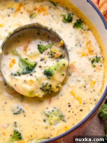 A bowl of creamy broccoli cheddar soup with cheddar cheese and broccoli florets.