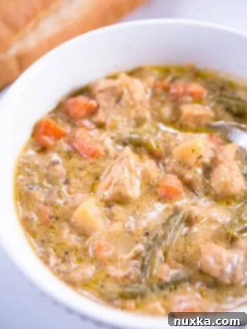 A bowl of creamy chicken stew, a comforting one-pot meal.