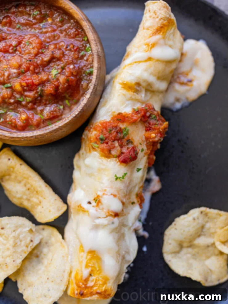 image of a salsa chicken enchilada smothered in a melted cheese sauce, served on a black plate with a serving of fresh salsa