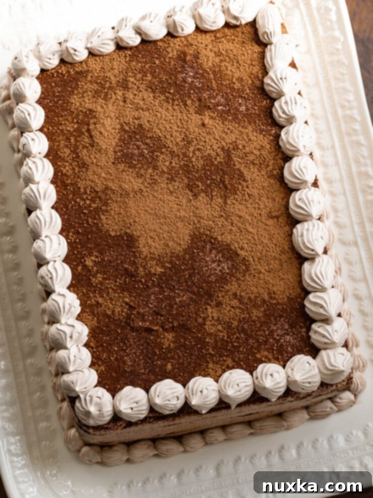 A layered sheet cake tiramisu.