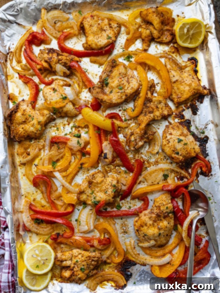 Sheet pan Italian chicken and peppers roasted to perfection.